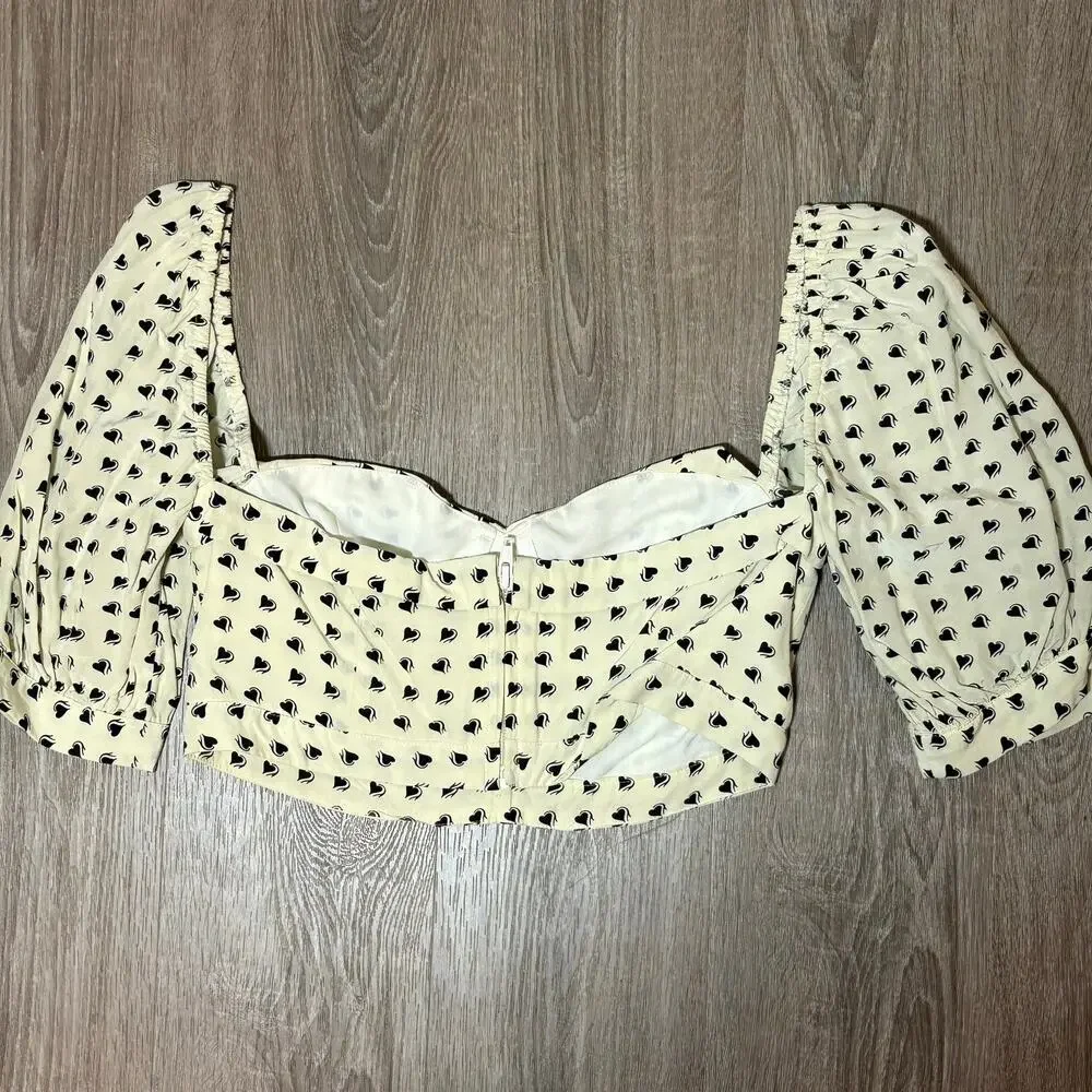 For Love & Lemons Sweetheart Crop Top Creme Heart Print Puff Sleeve Bustier Sz M